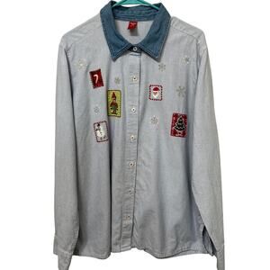 Women’s Novelty Christmas button Up Shirt Sz XXL Striped Cotton